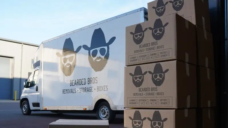 Removals van and branded moving boxes, Bearded Bros