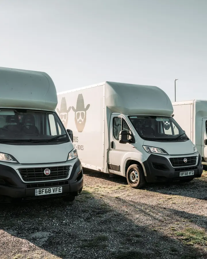 Two Bearded Bros branded removals vans parked side by side outdoors