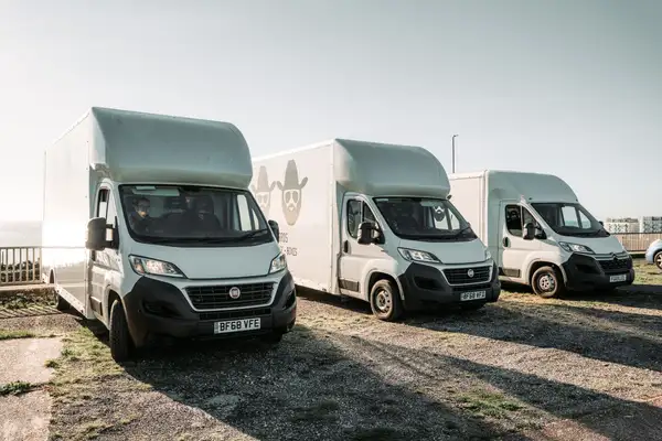 Three Bearded Bros branded removals vans parked in a row overlooking the Sussex coast