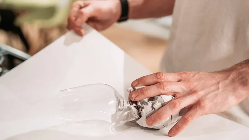 Close-up of hands wrapping an item in protective packing paper